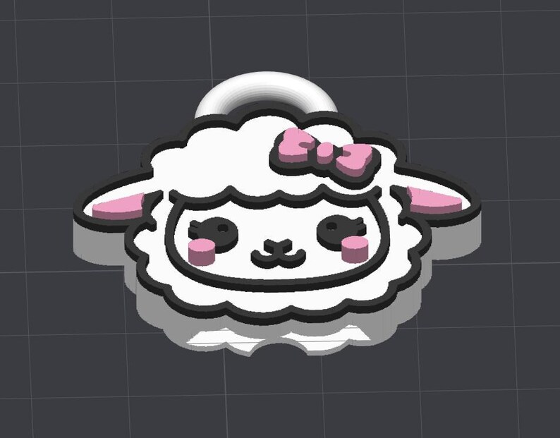 May include: A 3D-rendered sheep-shaped charm with a white body, black outline, and pink accents. The sheep has a pink bow, pink ears, and black eyes. The charm has a silver loop at the top for attachment.