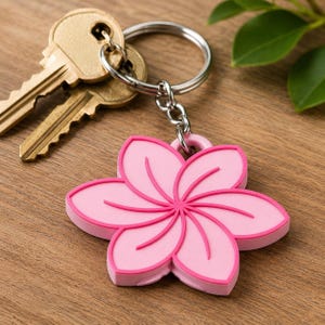 May include: A pink flower-shaped keychain with a silver keyring and two gold keys. The flower has a darker pink outline and center details. The keychain rests on a wooden surface.