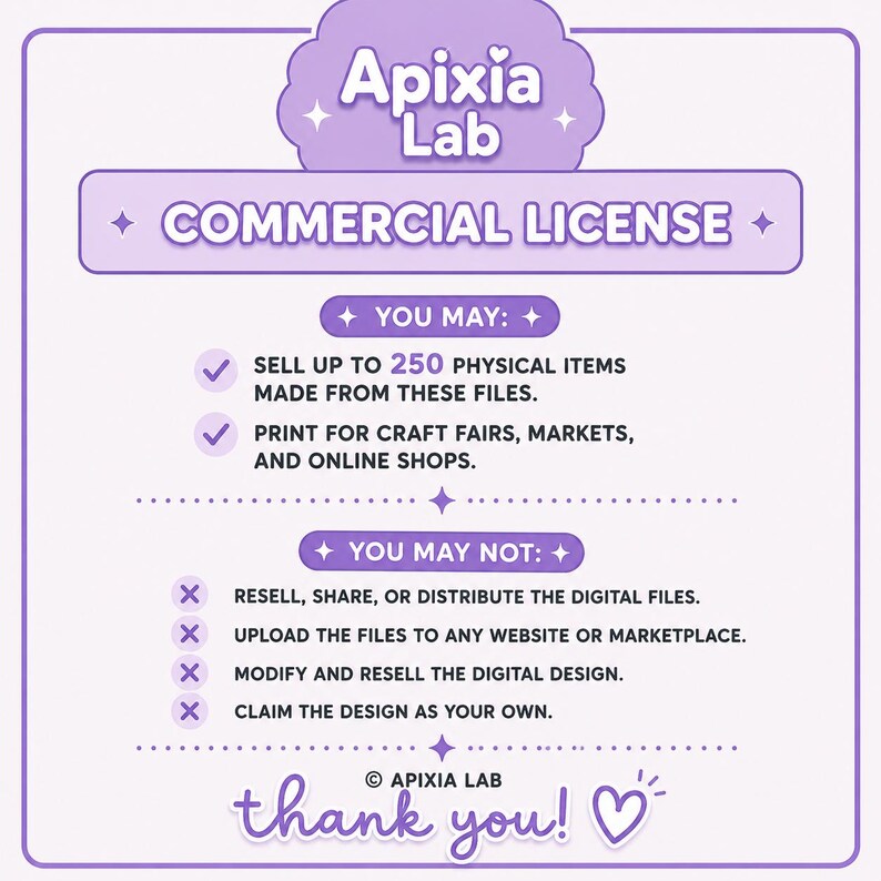 May include: A light purple rectangular graphic with white text titled Apixia Lab Commercial License. It lists permissions to sell up to 250 physical items and print for markets, alongside prohibitions against reselling, sharing, or modifying digital files.