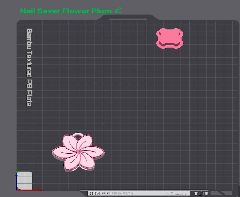May include: A digital rendering of a pink flower-shaped object with a loop, and a smaller pink object. The text "Nail Saver Flower Plum" is at the top, and "Bambu Textured PEI Plate" is on the left side.