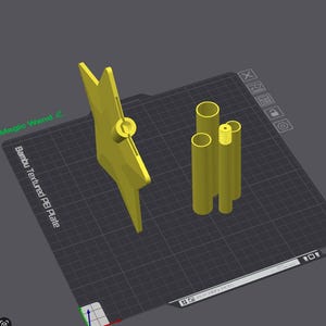 May include: A digital 3D model of a yellow star-shaped object with a central cylindrical attachment and three separate yellow cylindrical tubes, one of which features a threaded top, displayed on a dark grey grid labelled Bambu Textured PEI Plate.