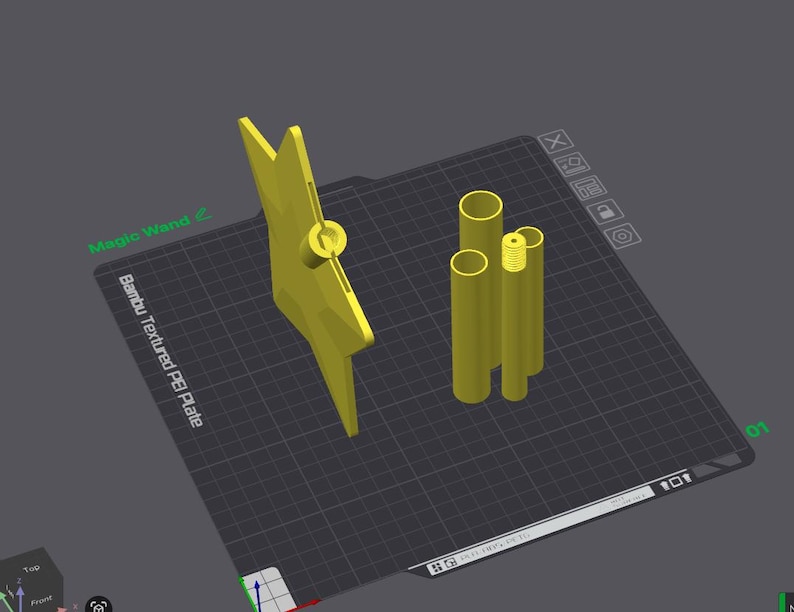 May include: A digital 3D model of a yellow star-shaped object with a central cylindrical attachment and three separate yellow cylindrical tubes, one of which features a threaded top, displayed on a dark grey grid labelled Bambu Textured PEI Plate.