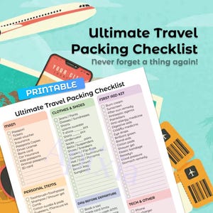 Lista de viaje definitiva / PDF imprimible en A4, A5, Carta, 2xA4 / Lista de equipaje para vacaciones / Planificador de artículos esenciales de viaje / Descarga instantánea