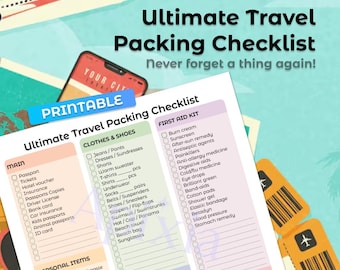 Lista de viaje definitiva / PDF imprimible en A4, A5, Carta, 2xA4 / Lista de equipaje para vacaciones / Planificador de artículos esenciales de viaje / Descarga instantánea