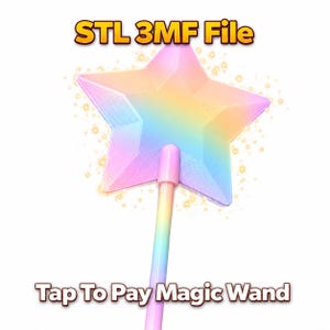 Può includere: Una bacchetta magica a forma di stella dai colori pastello arcobaleno con un lungo manico. Il testo STL 3MF File appare in alto e il testo Tap To Pay Magic Wand si trova in basso. La stella presenta una sfumatura di tonalità rosa, gialle e blu.