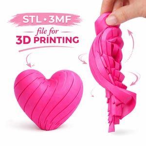 May include: A bright pink heart-shaped object with a textured surface, next to a flexible, segmented pink object being held. The image includes the text "STL • 3MF file for 3D PRINTING".