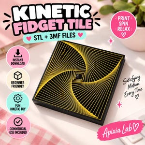 May include: A square kinetic fidget tile featuring a black base with a gold-colored geometric spiral pattern on the surface. The text KINETIC FIDGET TILE, STL + 3MF FILES, PRINT SPIN RELAX, INSTANT DOWNLOAD, BEGINNER FRIENDLY, FUN KINETIC TOY, COMMERCIAL USE INCLUDED, Satisfying Motion Every Time, and Apixia Lab are visible.