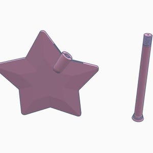 May include: A light purple star-shaped object with a cylindrical attachment and a separate, matching purple rod. The star has five points and a faceted design. The rod has a threaded top and a rounded base. The objects appear to be 3D-rendered.