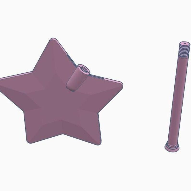 May include: A light purple star-shaped object with a cylindrical attachment and a separate, matching purple rod. The star has five points and a faceted design. The rod has a threaded top and a rounded base. The objects appear to be 3D-rendered.