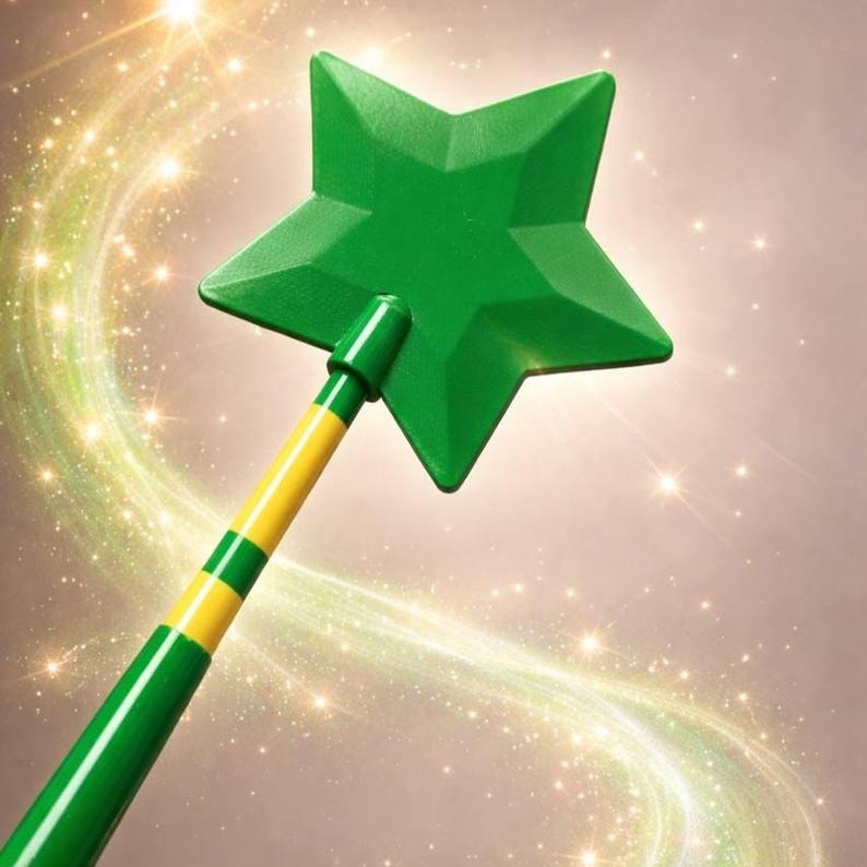 May include: A green star-shaped wand with a yellow and green striped handle. The wand is set against a background of sparkling lights and a soft, gradient color scheme. The star has a faceted design.