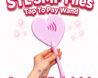 May include: A pink heart-shaped wand with a handle, featuring a contactless payment symbol. The wand is held against a white background, with the text "STL 3MF Files Tap To Pay Wand" and "Commercial Use Included" in pink and white.