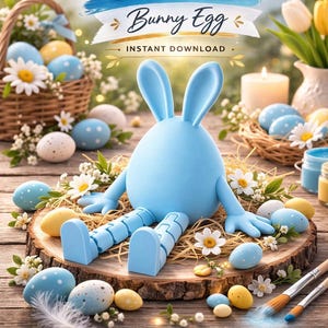 Könnte beinhalten: Hellblaue, hasenförmige Osterdekoration mit langen Ohren und ausgestreckten Armen, umgeben von dekorierten Eiern und Blumen. Das Bild enthält den Text "Easter", "3MF File", "Bunny Egg" und "Instant Download".