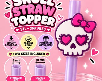 Topper per cannuccia a forma di teschio e fiocco STL 3MF / Ciondolo per tazza Kawaii Goth / File di stampa 3D per bicchieri Stanley standard da 8 mm e da 10 mm / Uso commerciale