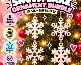 Snowflake Ornament Bundle STL 3MF | 4 Christmas Tree Decorations | Winter Holiday Decor 3D Print Files | Commercial Use