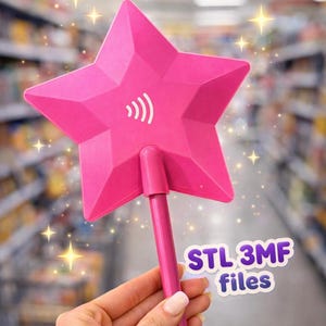May include: A bright pink star-shaped wand with a white wireless symbol. The wand has a long, thin handle and the text "STL 3MF files" in a white and purple font. The background is blurred with sparkles.