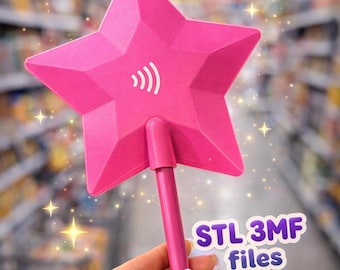 May include: A bright pink star-shaped wand with a white wireless symbol. The wand has a long, thin handle and the text "STL 3MF files" in a white and purple font. The background is blurred with sparkles.