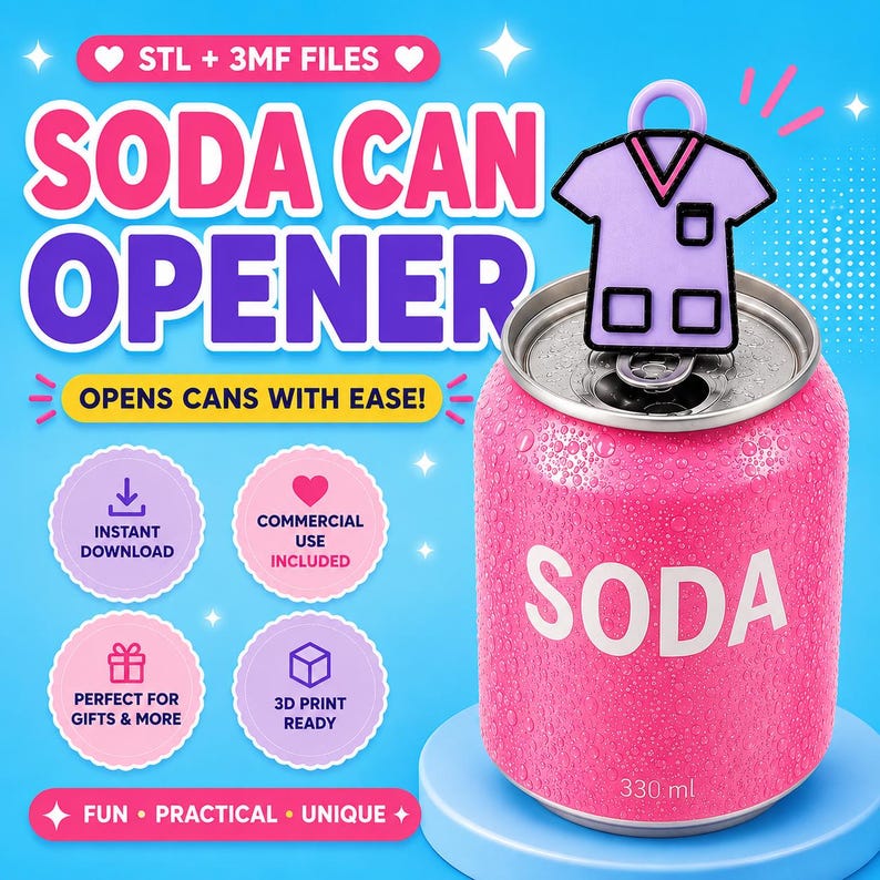 Może przedstawiać: Plik do druku 3D otwieracza do puszek z wzorem jasnofioletowej bluzy medycznej. Cyfrowa grafika zawiera tekst SODA CAN OPENER, OPENS CANS WITH EASE, INSTANT DOWNLOAD, COMMERCIAL USE INCLUDED, PERFECT FOR GIFTS & MORE, 3D PRINT READY, FUN, PRACTICAL, UNIQUE.