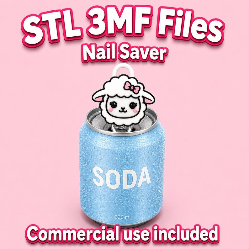 May include: A light blue soda can with the word "SODA" printed on it, and a cute white sheep nail saver. The text "STL 3MF Files Nail Saver" and "Commercial use included" are also present.