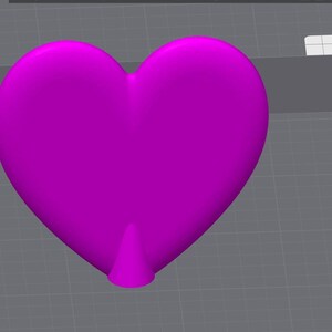 May include: A 3D-rendered, magenta heart shape with a small, conical base. The heart is smooth and rounded, with a slight indentation at the top. The background is a gray grid.