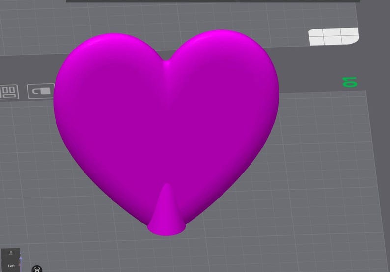 May include: A 3D-rendered, magenta heart shape with a small, conical base. The heart is smooth and rounded, with a slight indentation at the top. The background is a gray grid.