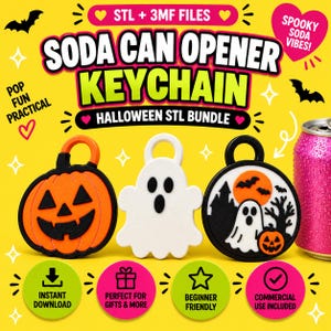 May include: Three soda can opener keychains featuring Halloween designs on a yellow background. The designs include an orange pumpkin, a white ghost, and a circular black disc with a ghost, pumpkin, and bats. Text includes SODA CAN OPENER KEYCHAIN.