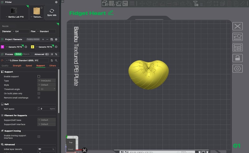 May include: A digital interface for a 3D printer showing a yellow heart-shaped object on a grid labeled Bambu Textured PEI Plate. The software sidebar displays printer settings, including a 0.4 mm nozzle diameter and generic PETG filament.