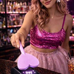 May include: A pink sequined crop top and a light pink tulle skirt. A lilac heart-shaped payment device is held over a black card reader displaying the word "Pay". The background features a bar with bottles.