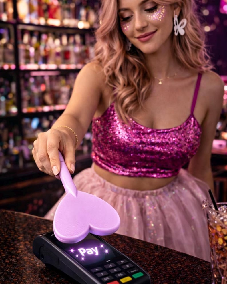 May include: A pink sequined crop top and a light pink tulle skirt. A lilac heart-shaped payment device is held over a black card reader displaying the word "Pay". The background features a bar with bottles.