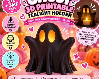 Könnte beinhalten: Ein schwarzer, 3D-druckbarer Geister-Teelichthalter mit zwei ovalen Augenausschnitten. Das Angebot für die digitale Datei enthält den Text: GHOST 3D PRINTABLE TEALIGHT HOLDER, STL + 3MF FILES, INSTANT DOWNLOAD, 3D PRINT READY.