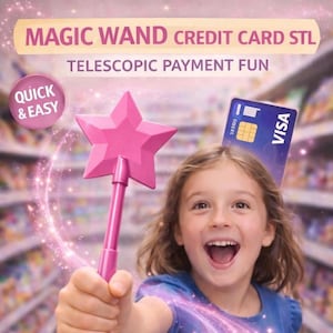 May include: A pink star-shaped magic wand with the text "MAGIC WAND CREDIT CARD STL" and "TELESCOPIC PAYMENT FUN". A Visa credit card is held near a smiling girl. The image also includes the text "QUICK & EASY".