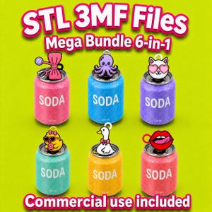 May include: A graphic featuring six colorful soda cans with various charm toppers. The cans are pink, blue, purple, teal, yellow, and red. Each can has the word "SODA" printed on it, along with "330 ml". The text "STL 3MF Files Mega Bundle 6-in-1" is at the top, and "Commercial use included" at the bottom.