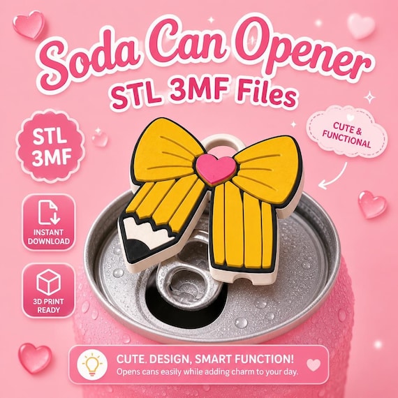 Pencil Bow Can Opener STL 3MF, Teacher Gift Nail Saver Keychain 3D Print File, Back to School Commercial Use