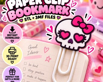 Segnalibro a forma di teschio con graffetta (STL 3MF) / Clip per libri Kawaii Goth, file per stampa 3D / Accessorio spettrale per agenda / Segnalibro di Halloween