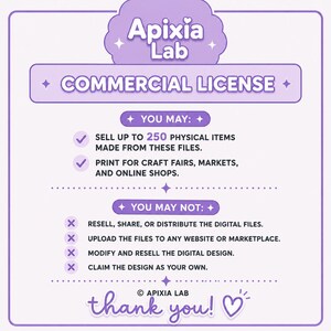 May include: A light purple rectangular graphic with white text titled Apixia Lab Commercial License. It lists permissions to sell up to 250 physical items and print for markets, alongside prohibitions against reselling, sharing, or modifying digital files.