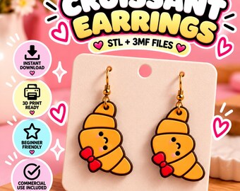 Orecchini a fiocco croissant STL 3MF / Orecchini pendenti pasticcini civettuoli File di stampa 3D / Gioielli Kawaii a tema cibo / Regalo per pasticcera / Uso commerciale