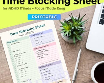 Hoja de bloqueo de tiempo para mentes con TDAH: Concentración fácil / Descarga instantánea / Paquete de 6 formatos / A4 + A5 + 2xA4 / Reduce la sobrecarga, planifica tu día