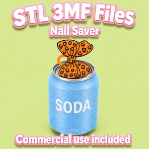 May include: A blue soda can with the word "SODA" in white, topped with an orange and black butterfly-shaped nail saver. The image includes the text "STL 3MF Files Nail Saver" and "Commercial use included". The can is 330 ml.