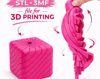 May include: A bright pink 3D printed object featuring a cube with a spiral pattern and a flexible, accordion-like structure. The text reads STL 3MF file for 3D PRINTING. Arrows indicate the movement and transformation of the flexible pink component.