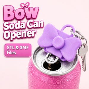 May include: A purple bow-shaped soda can opener attached to a silver metal key ring. The text Bow Soda Can Opener and STL & 3MF Files is displayed in the background. The opener is positioned on top of a pink soda can covered in water droplets.
