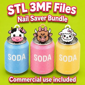 May include: A bundle of STL 3MF files for a nail saver, featuring three soda cans with animal-themed toppers: a cow, a bull, and a sheep. The cans are blue, pink, and yellow, each with "SODA" printed on them. The text "Commercial use included" is also visible.
