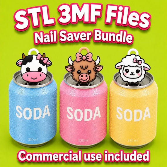 Farm Animal Bundle Soda Can Tab Opener STL 3MF, Nail Saver Keychain 3D Print File, Kawaii Cow Sheep Highland Commercial Use Digital Download