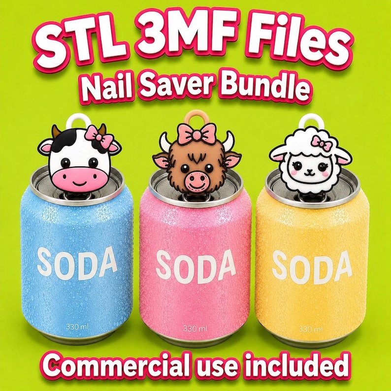 May include: A bundle of STL 3MF files for a nail saver, featuring three soda cans with animal-themed toppers: a cow, a bull, and a sheep. The cans are blue, pink, and yellow, each with "SODA" printed on them. The text "Commercial use included" is also visible.