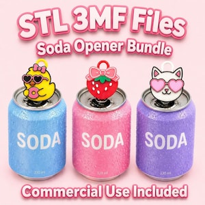 May include: A bundle of soda can openers with cute designs. The openers feature a yellow duck with sunglasses, a red strawberry with a bow, and a white cat with heart-shaped glasses. The cans are blue, pink, and purple.