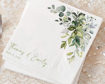 Servilletas de boda personalizadas imprimibles, plantilla editable para servilletas de cóctel, servilletas con apellido y motivos vegetales, decoración de boda DIY.