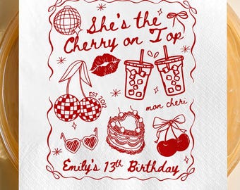 She's the Cherry on Top Party Napkins, Custom 13th Birthday Napkins, Coquette 13th Birthday Decor, Personalized Teen Birthday Napkin Set