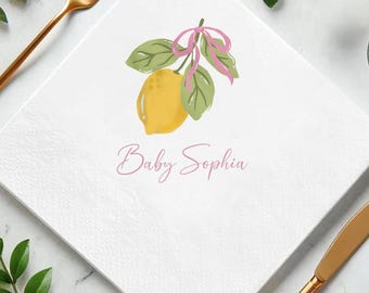 Servilletas personalizadas para baby shower con diseño de limón, servilletas personalizadas para fiestas temáticas de cítricos, linda decoración amarilla para bebés, servilletas desechables para bebidas.