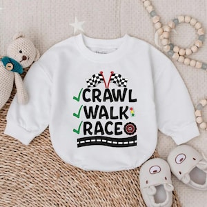 Crawl Walk Race Baby Bubble Romper, Baby Boy Racing Romper, Newborn Race Theme Outfit, Race Fan Baby Shower Gift, Funny Race Car Clothes