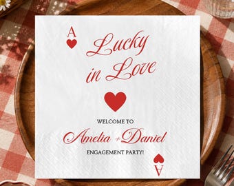 Lucky in Love Wedding Cocktail Napkins, Personalized Engagement Party Napkins, Custom Couple Name Casino Theme Wedding Decor