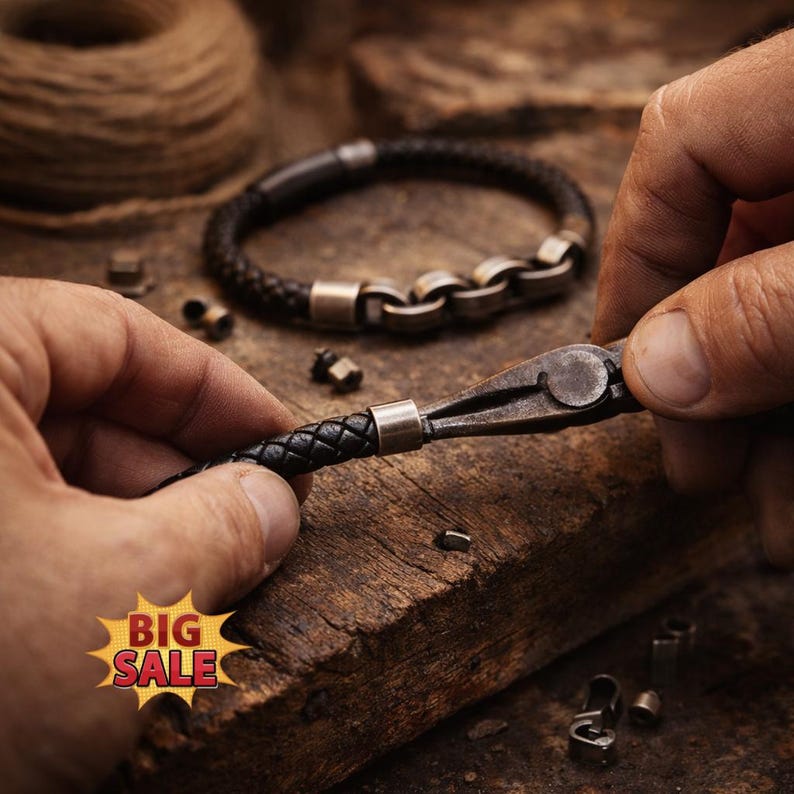 May include: A dark brown braided leather bracelet featuring metallic cylindrical accents and a series of interlocking circular links. The bracelet is being assembled with metal pliers, and a star-shaped graphic with the text BIG SALE is visible.