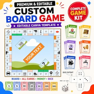 以下が含まれることがあります： カラフルなマス目が並ぶ正方形のゲームボード、Location、Treasure、Fortune、Event、Transport、City Serviceと書かれたイラスト入りのカードセット、様々な額面の紙幣、そして切り抜いて組み立てるサイコロの型紙が含まれた、カスタマイズ可能なボードゲームキット。